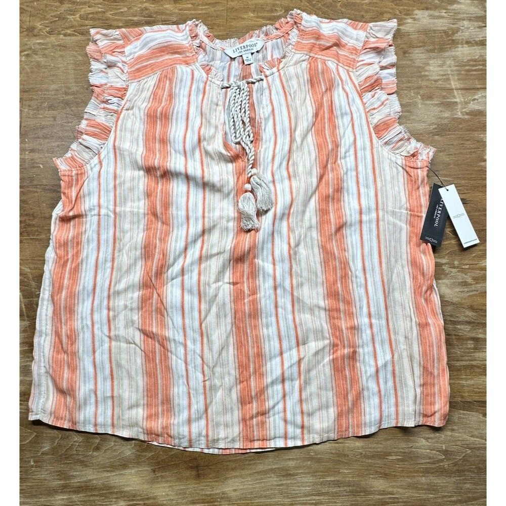 LIVERPOOL Los Angeles Tassel Blouse Women's Striped  V-neck Sleeveless~sz M